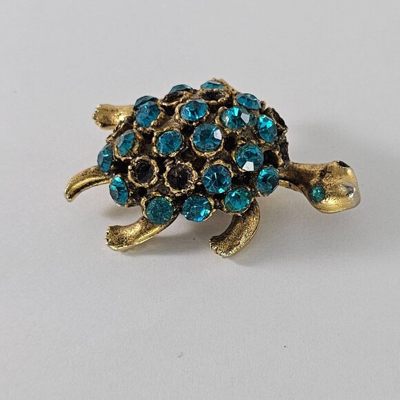 Vintage One Eyed Turtle Rhinestone Brooch Pin Gold Tone Blue Gemstones *AS IS* - Picture 5 of 8